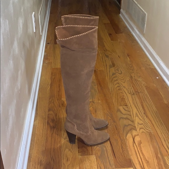 Dolce V. Tan Suede Over the Knee Boots Wood Heel 8 - Picture 2 of 8